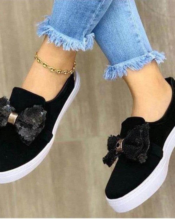 Thick-soled Sponge Cake One-foot Loafers Women Wish Large Size Sequin Bow Single Shoes Women